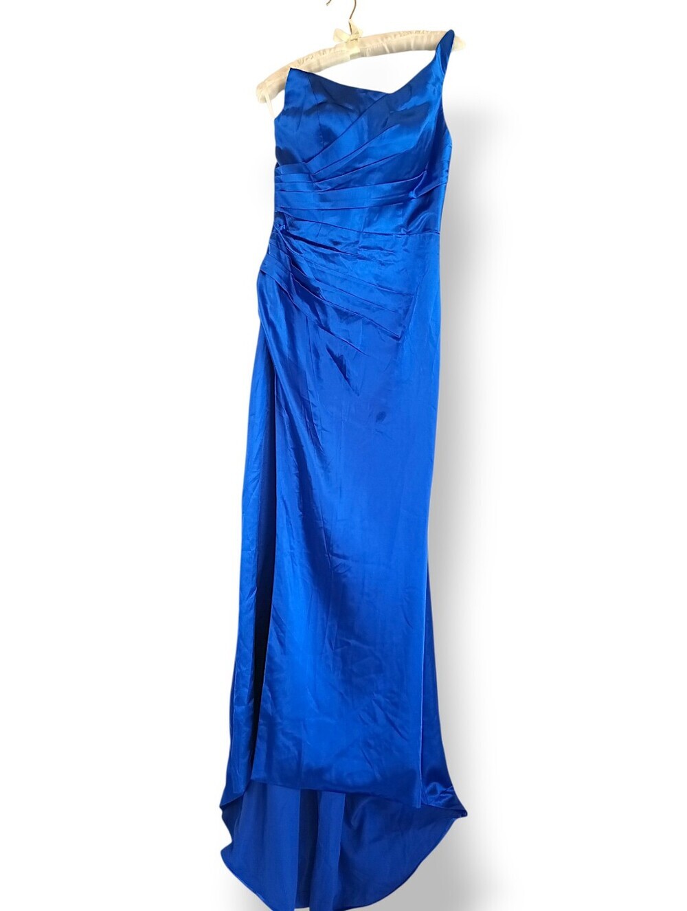 Satin One-Shoulder Evening Gown Cobalt Blue Corset Back Flowy Colorful Goddess - Picture 3 of 9